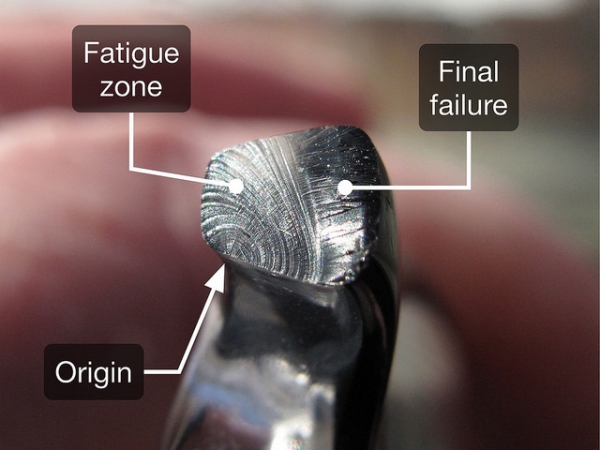 A piece of metal broken by fatigue.