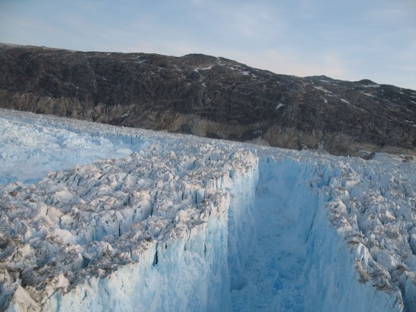 A rift opens near the front of Greenland’s Helheim glacier