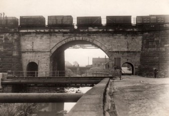 The Skerne Bridge covered by gaspipes and closed to the public, August 1948